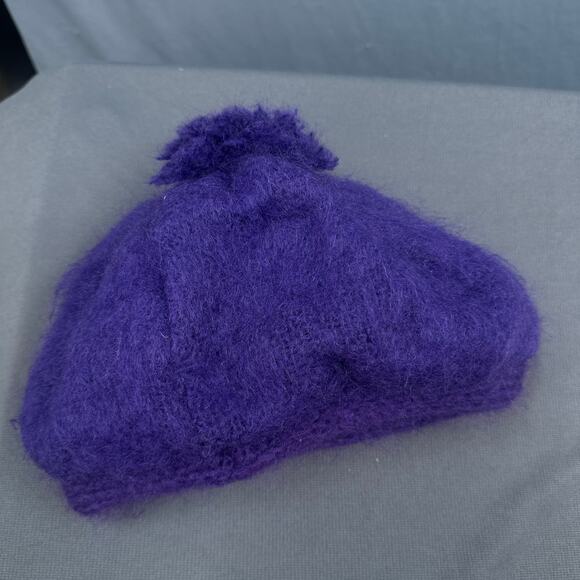 VTG Donegal Design Mohair Wool Beret Purple Fuzzy Pom Handwoven Ireland Hat main image 4